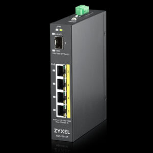 Zyxel Switch nem menedzselt Layer2 5 portos • 4x 1 GbE • PoE Költségvetés 120 Watt • 4x PoE • 1x SFP • Ipari • Ventilátor nélküli • RGS100-5P