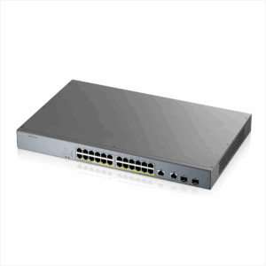 Zyxel Switch intelligensen menedzselt Layer2 26 portos • 24x 1 GbE • PoE Költségvetés 375 Watt • 24x PoE • 2x 1 Gb kombinált • 19" • GS1350-26HP