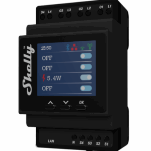 Shelly · DIN sín · "Pro 4PM" · Relé · max. 40A · 1 fázis · 4 csatorna · Mérési funkció · WLAN · LAN · BT